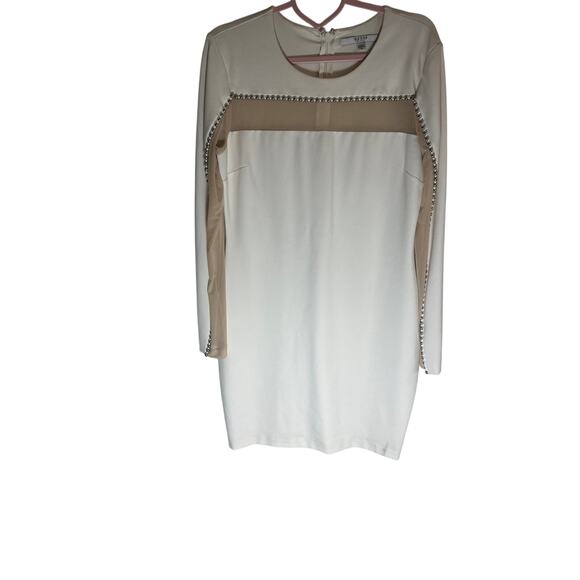 GUESS Women's Colorblock Mini Dress XL Long Sleeve White Nude Mesh Panel - Picture 3 of 11